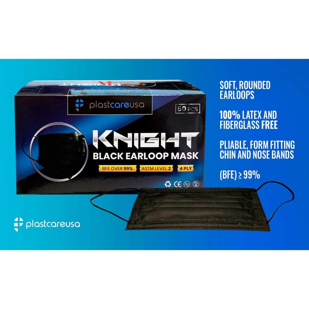 Black ASTM Level 2 KNIGHT 4-Ply Disposable Ear Loop Masks
