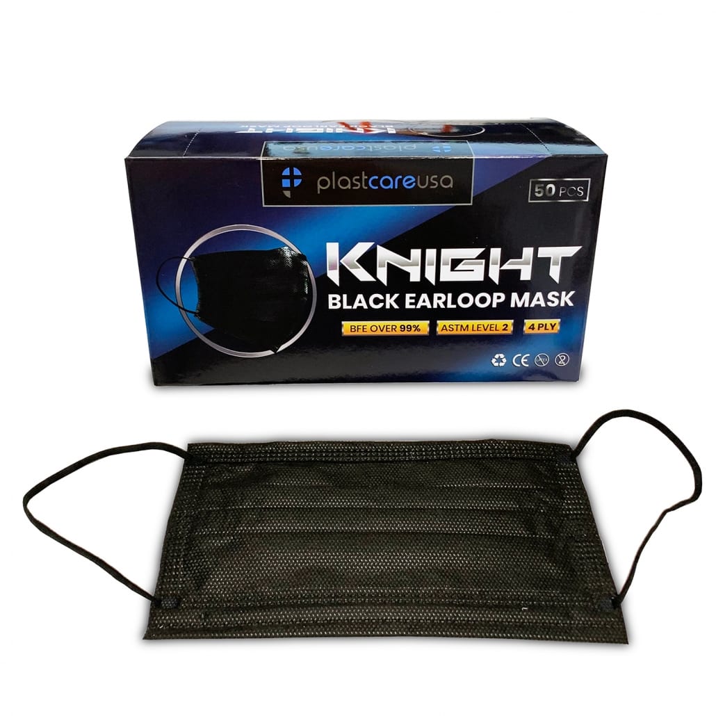 Black ASTM Level 2 KNIGHT 4-Ply Disposable Ear Loop Masks