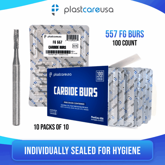 557 Friction Grip Carbide Burs – 100 Pack (10 x 10)
