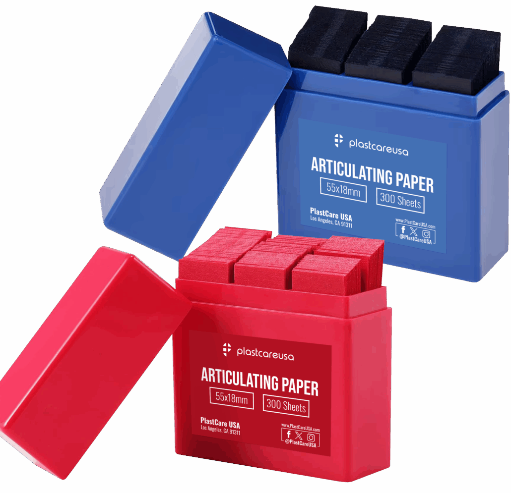 PlastCare USA Articulating Paper – 100 Micron • 300 Strips • 55×18 mm • Available in Red or Blue