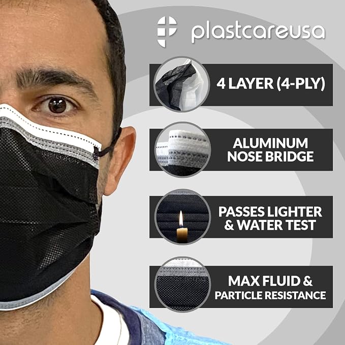 Black 4-Ply ASTM Level 3 Disposable Surgical Masks